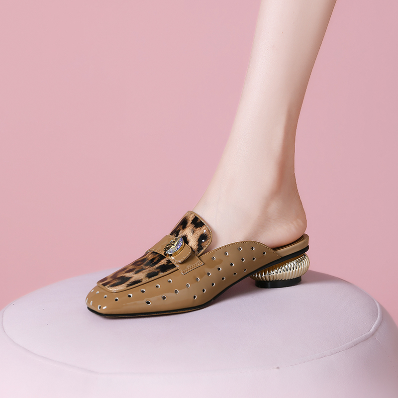 Khaki Leather Closed Toe Low Heel Slippers for Women