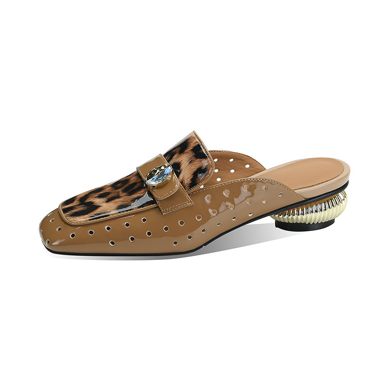 Khaki Leather Closed Toe Low Heel Slippers for Women - Image 5