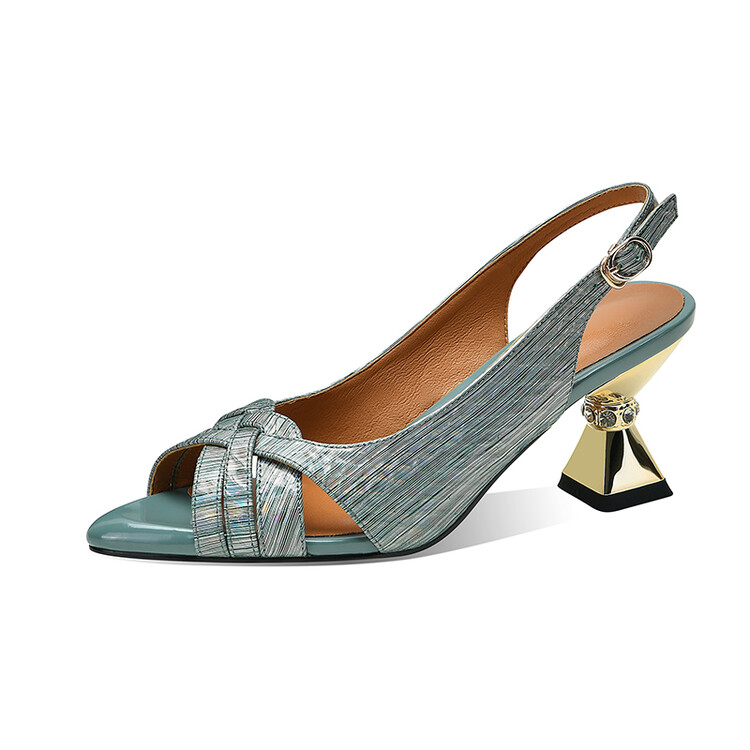 Light Blue Leather Slippers with Rhinestone and Metal Accents - Image 5