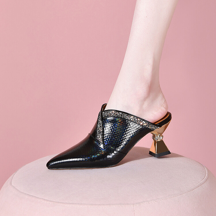 Women's Black Leather Closed Toe Slippers with Rhinestone and Metal Accents