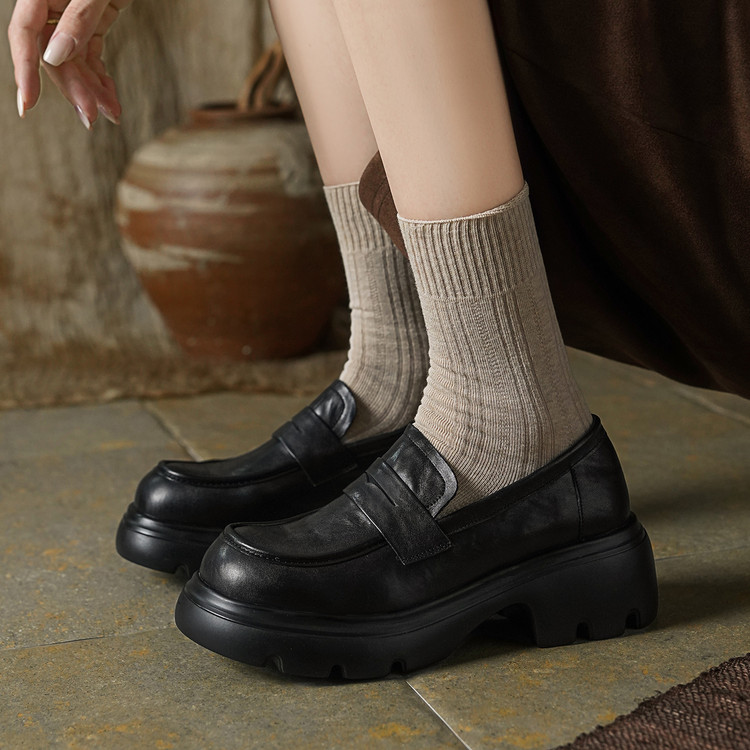 Women's Black Leather Loafers with Platform Mid Heel