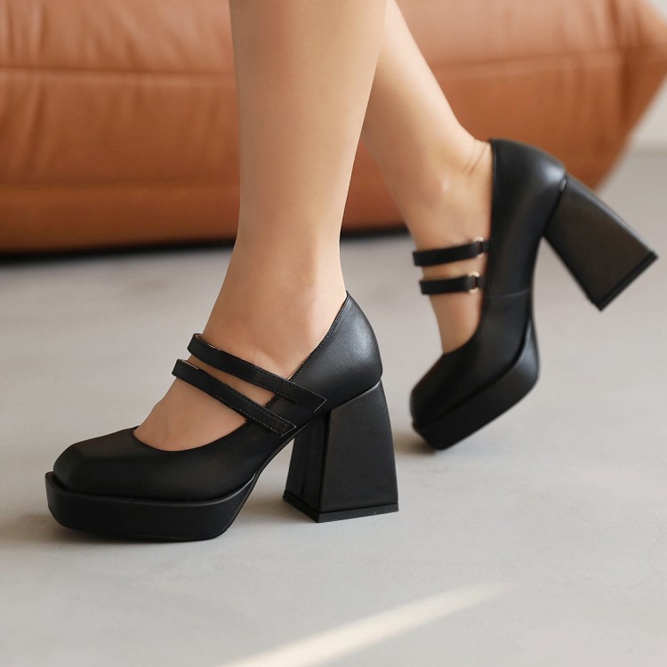 Women's Chunky Heel Square Toe Pumps with Ankle Strap - Image 2