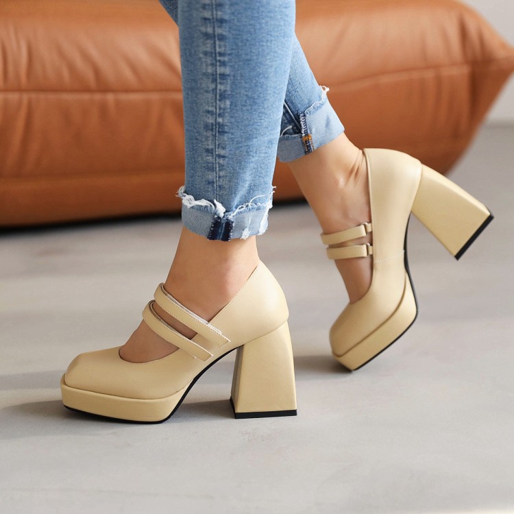 Women's Chunky Heel Square Toe Pumps with Ankle Strap - Image 3