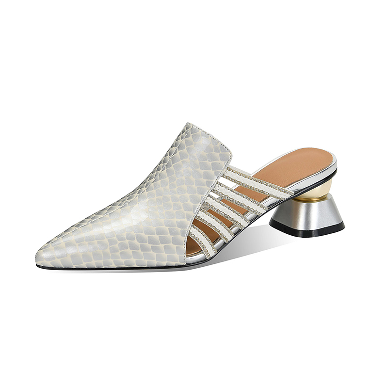 Women's Closed Toe Mid Heel Slippers with Rhinestone Color Block - Image 5