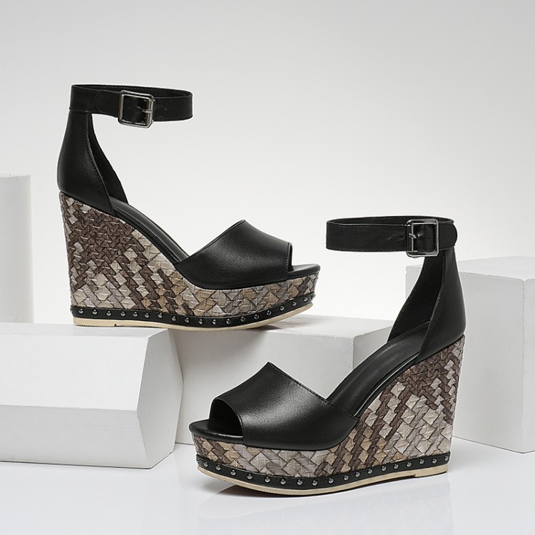 Women's High Heel Wedge Sandals with Leather Upper - Image 2