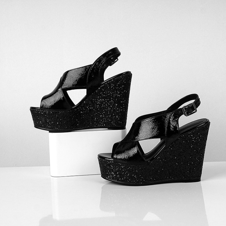 Women's High Heel Wedge Sandals with Patent Leather Upper and Ankle Strap
