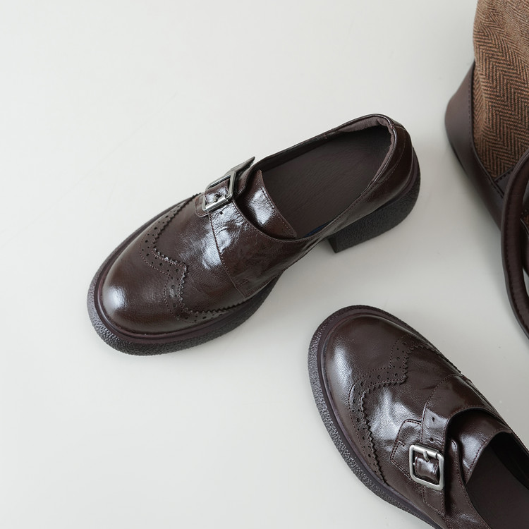 Women's Leather Loafers with Metal Buckle and Cutout Design