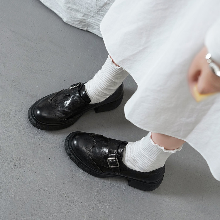Women's Leather Loafers with Metal Buckle and Cutout Design - Image 4
