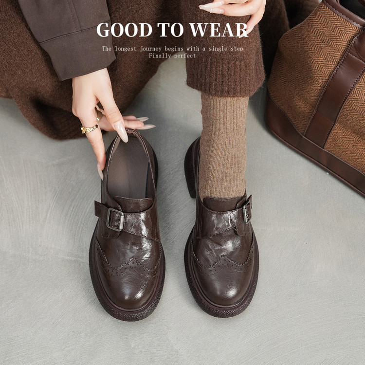Women's Leather Loafers with Metal Buckle and Cutout Design - Image 5