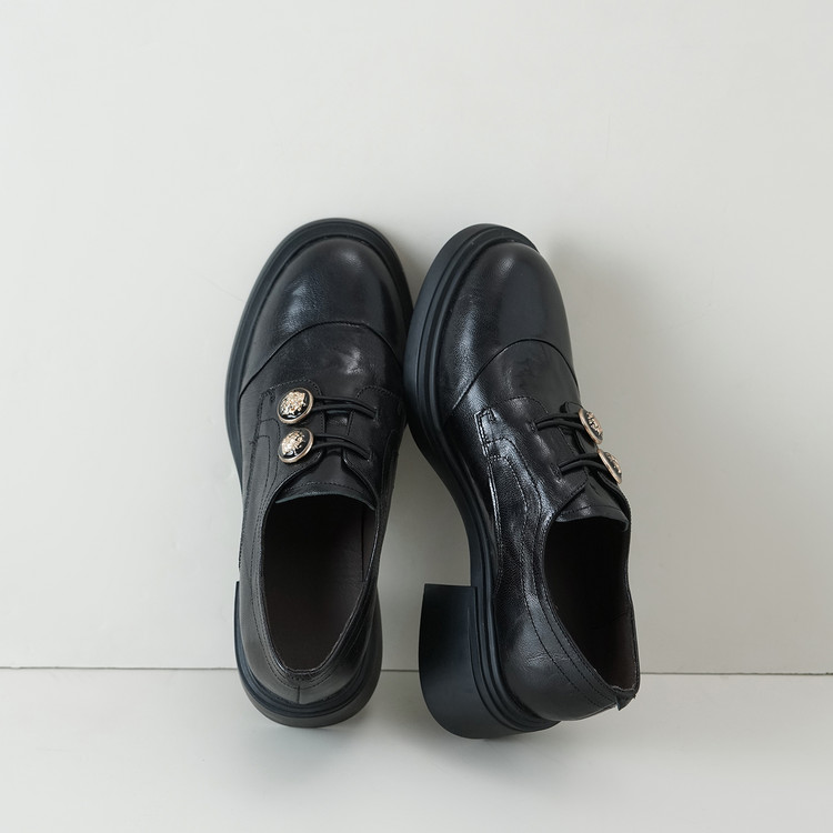 Women's Leather Loafers with Metal Buckle and Platform Mid Heel