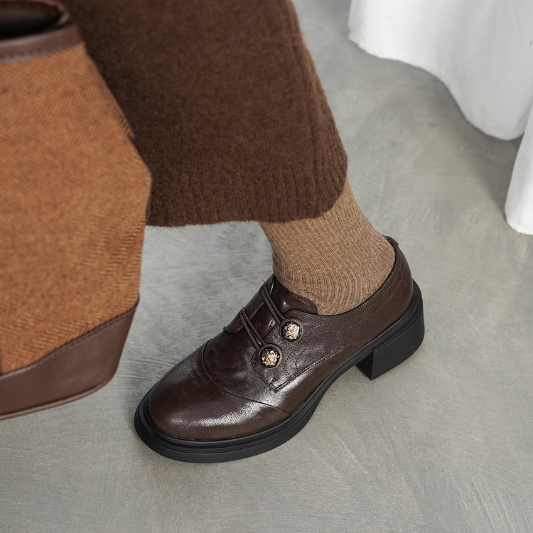 Women's Leather Loafers with Metal Buckle and Platform Mid Heel - Image 2