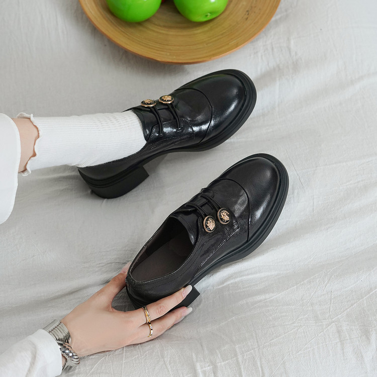 Women's Leather Loafers with Metal Buckle and Platform Mid Heel - Image 3