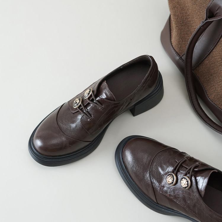 Women's Leather Loafers with Metal Buckle and Platform Mid Heel - Image 4