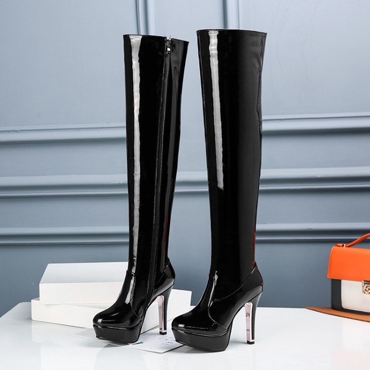 Women's Patent PU High Heel Platform Fashion Boots - Image 3