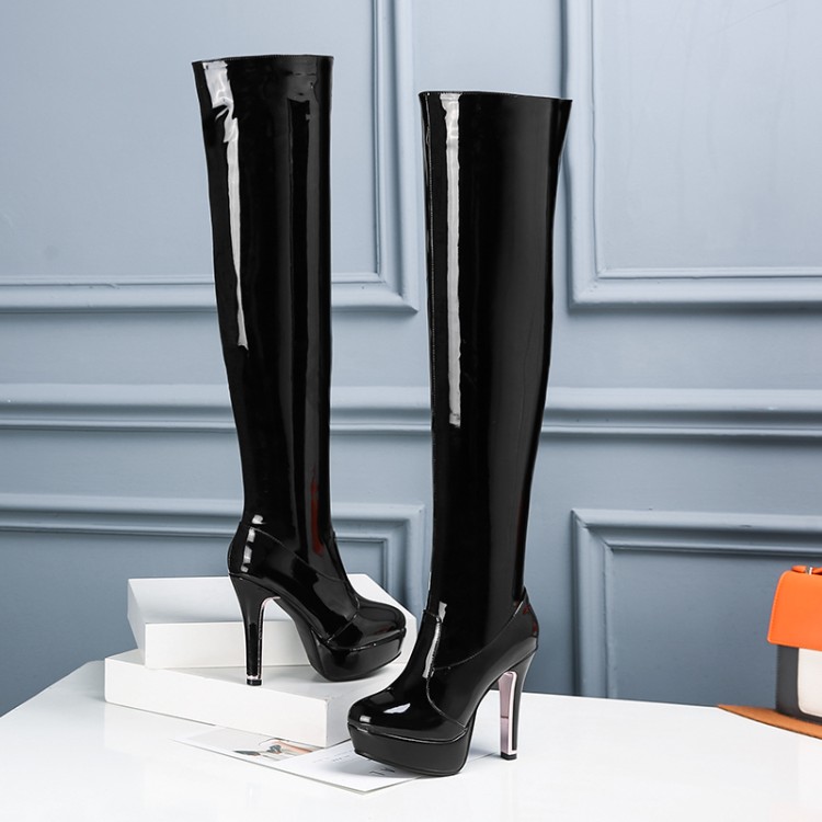 Women's Patent PU High Heel Platform Fashion Boots - Image 4