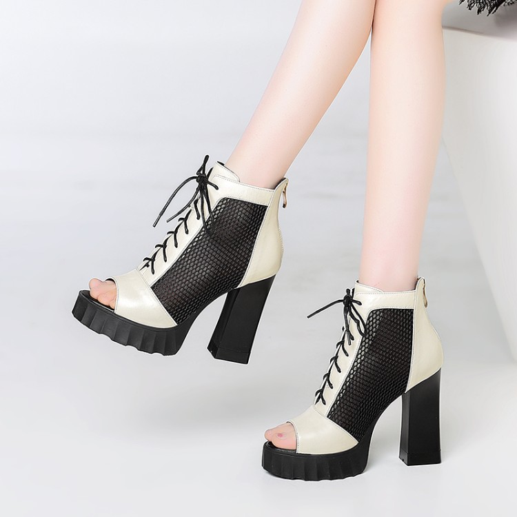 Women's Peep Toe Chunky High Heel Sandal Boots with Cross Straps