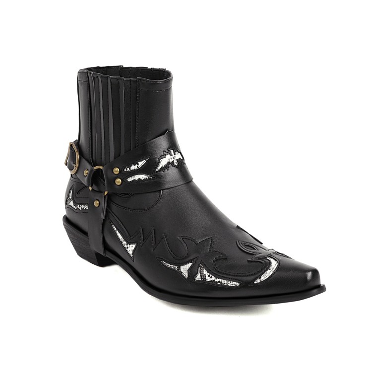 Women's PU Riding Boots Mid Calf Chunky Heel Pointed Toe Pull On