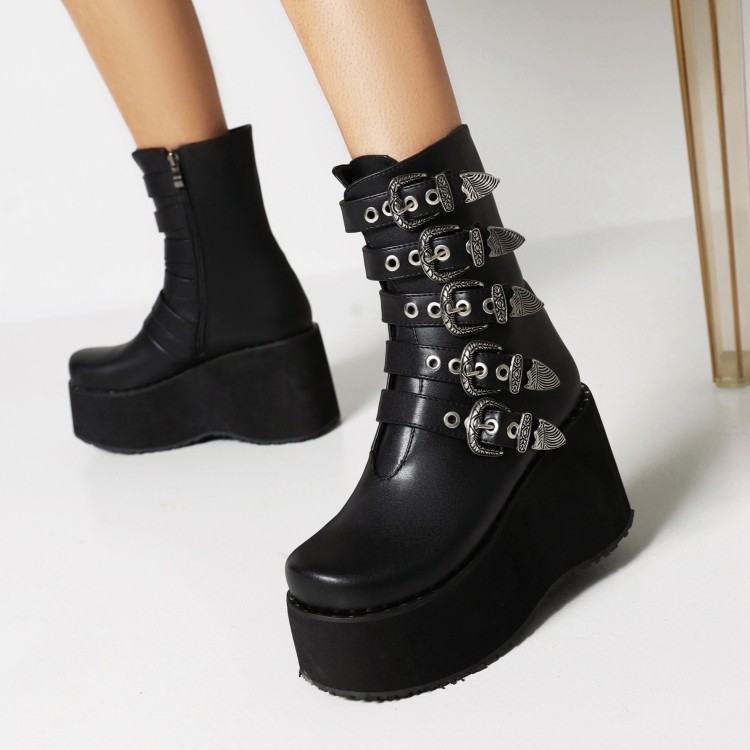 Women's Western Mid-Calf Boots with Platform Heel and Side Zipper