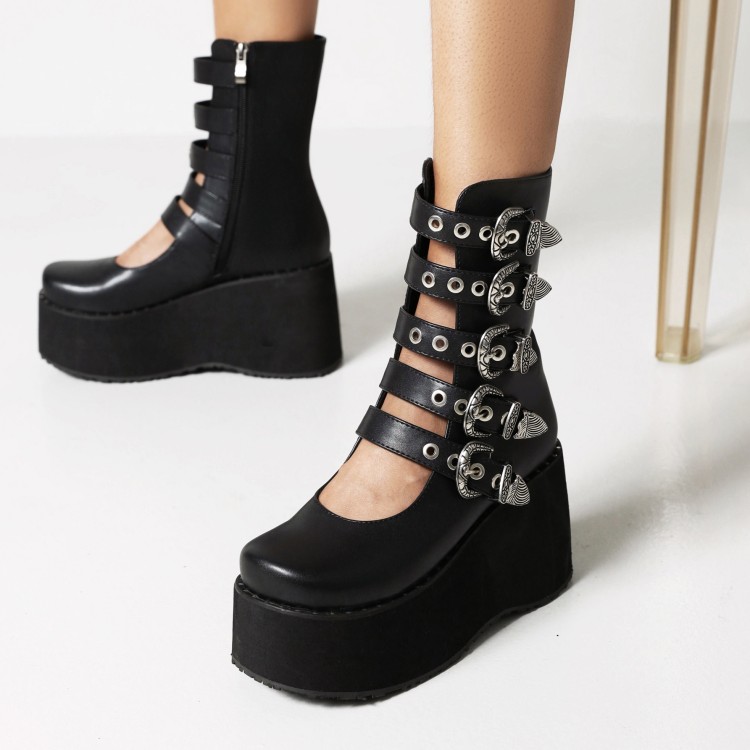 Women's Western Square Toe Platform High Heel Mid Calf Boots